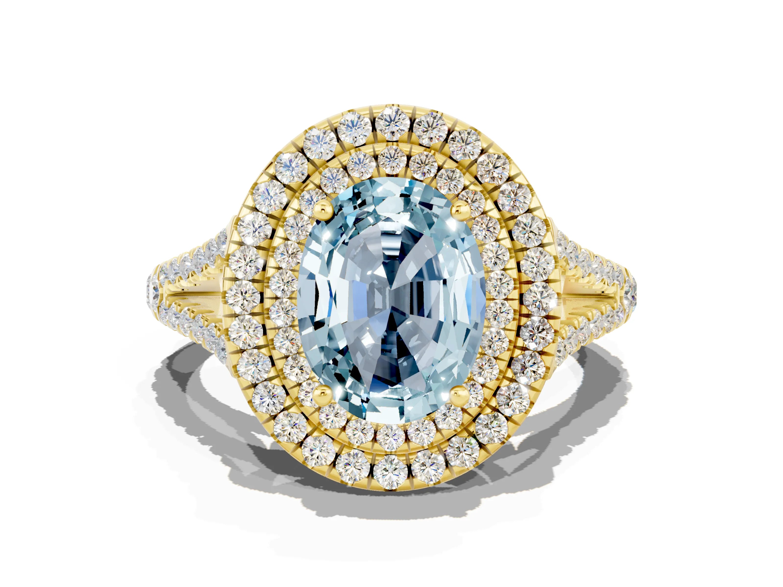 Yellow gold Oval Cut Aquamarine Double Halo Ring with Pavé Band and Prong Setting_12
