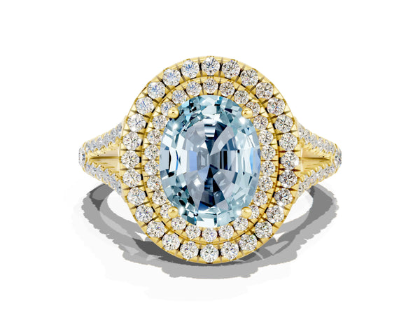 Yellow gold Oval Cut Aquamarine Double Halo Ring with Pavé Band and Prong Setting