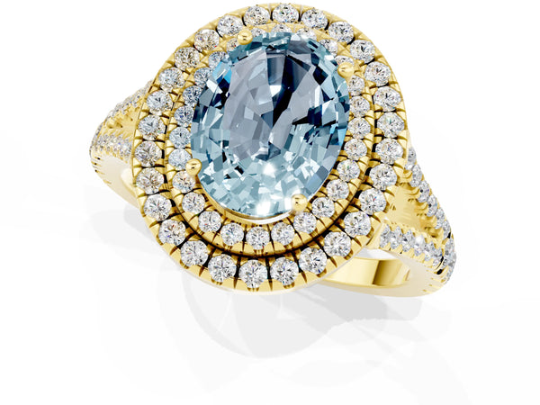 Yellow gold Oval Cut Aquamarine Double Halo Ring with Pavé Band and Prong Setting