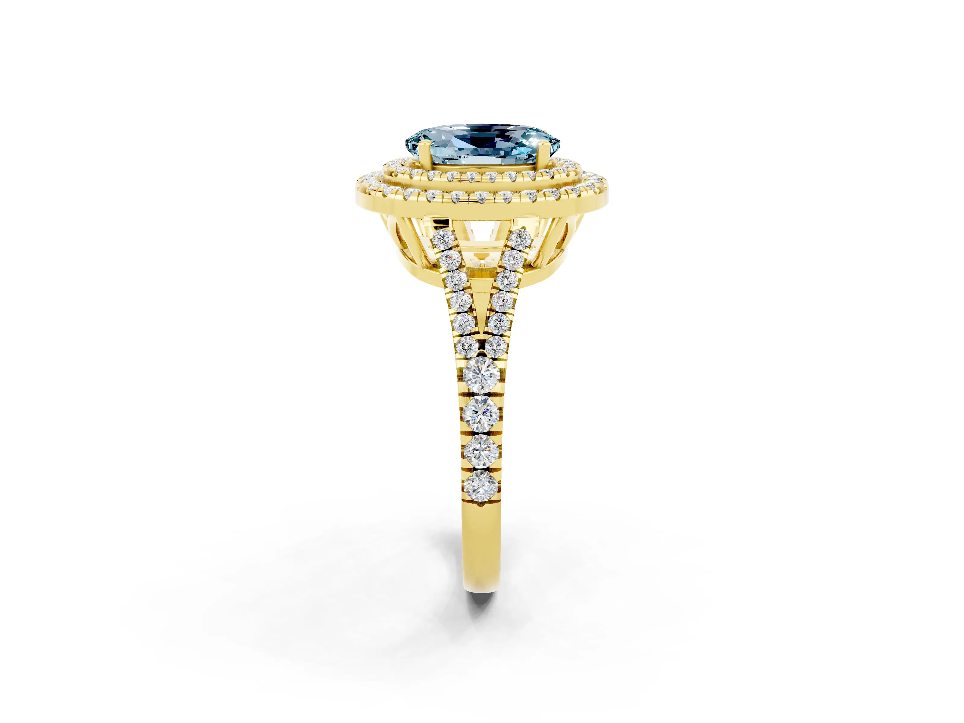 Yellow gold Oval Cut Aquamarine Double Halo Ring with Pavé Band and Prong Setting_14