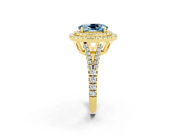 Yellow gold Oval Cut Aquamarine Double Halo Ring with Pavé Band and Prong Setting