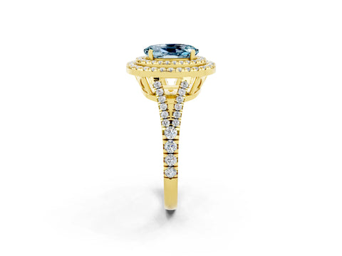 Yellow gold Oval Cut Aquamarine Double Halo Ring with Pavé Band and Prong Setting_14