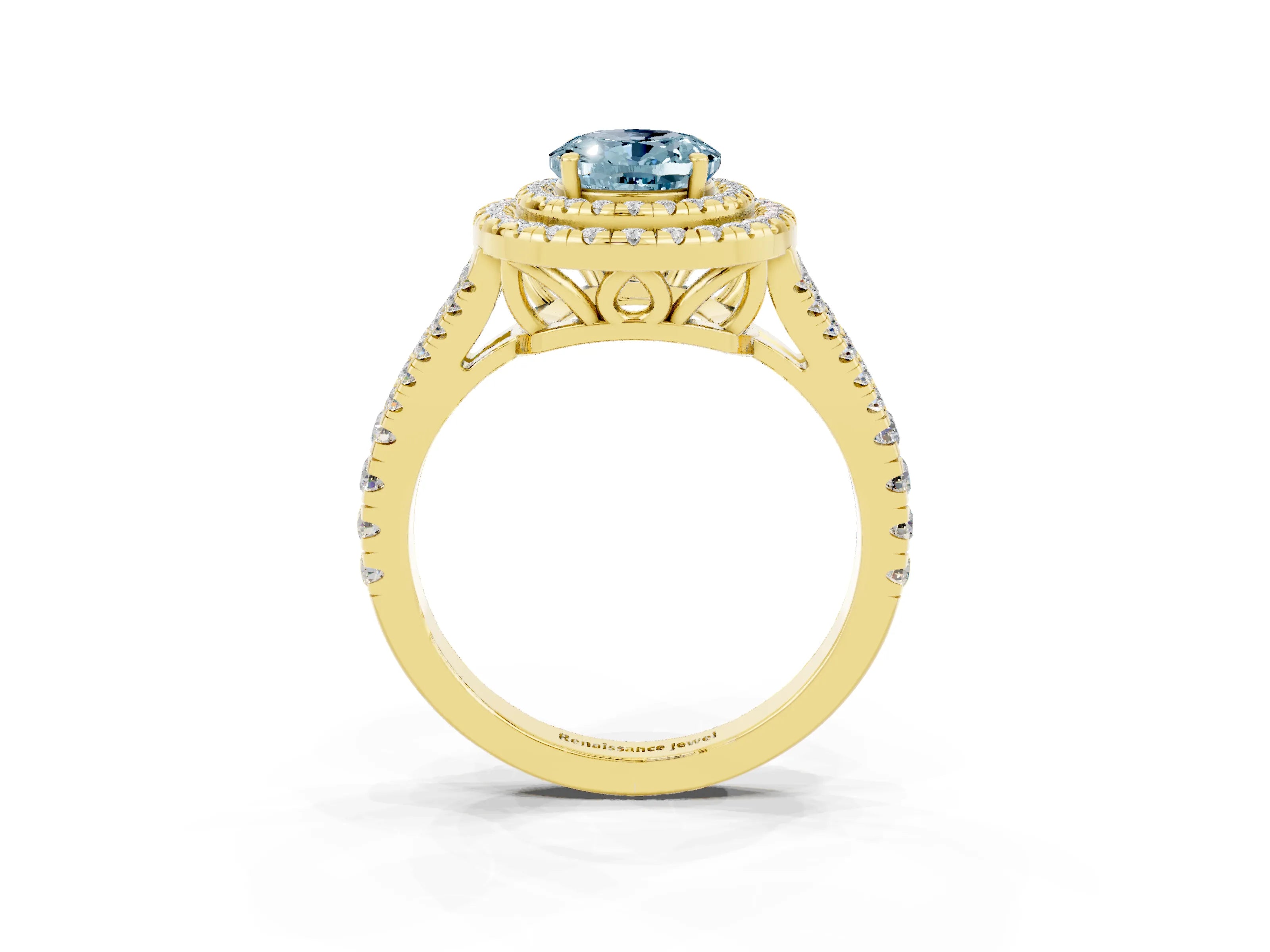 Yellow gold Oval Cut Aquamarine Double Halo Ring with Pavé Band and Prong Setting_15