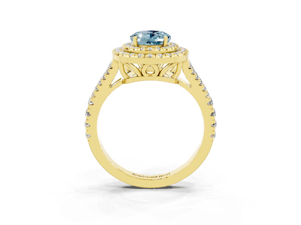 Yellow gold Oval Cut Aquamarine Double Halo Ring with Pavé Band and Prong Setting