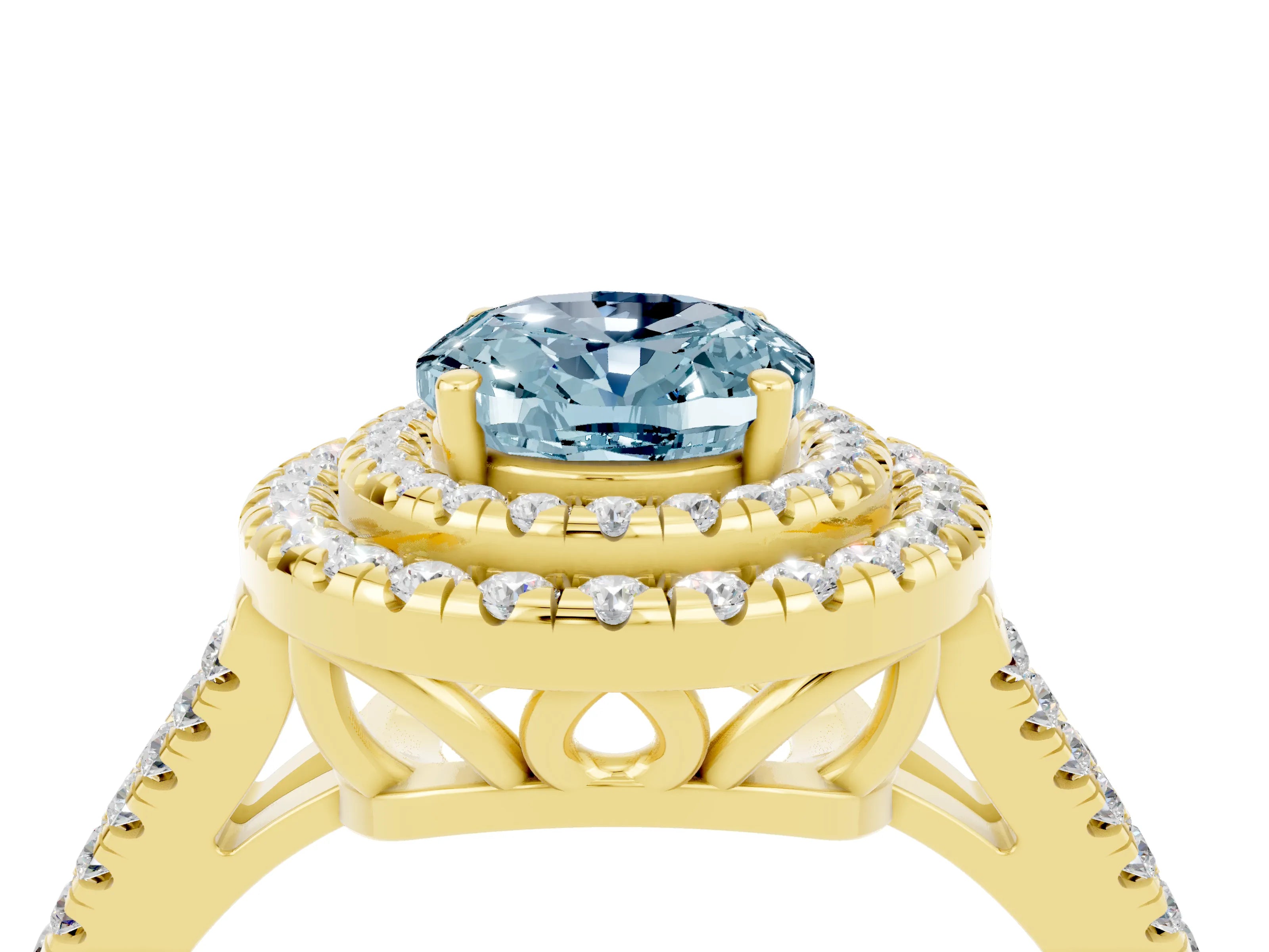 Yellow gold Oval Cut Aquamarine Double Halo Ring with Pavé Band and Prong Setting_16