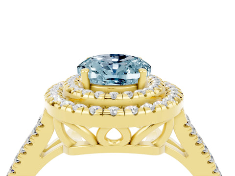 Yellow gold Oval Cut Aquamarine Double Halo Ring with Pavé Band and Prong Setting_16