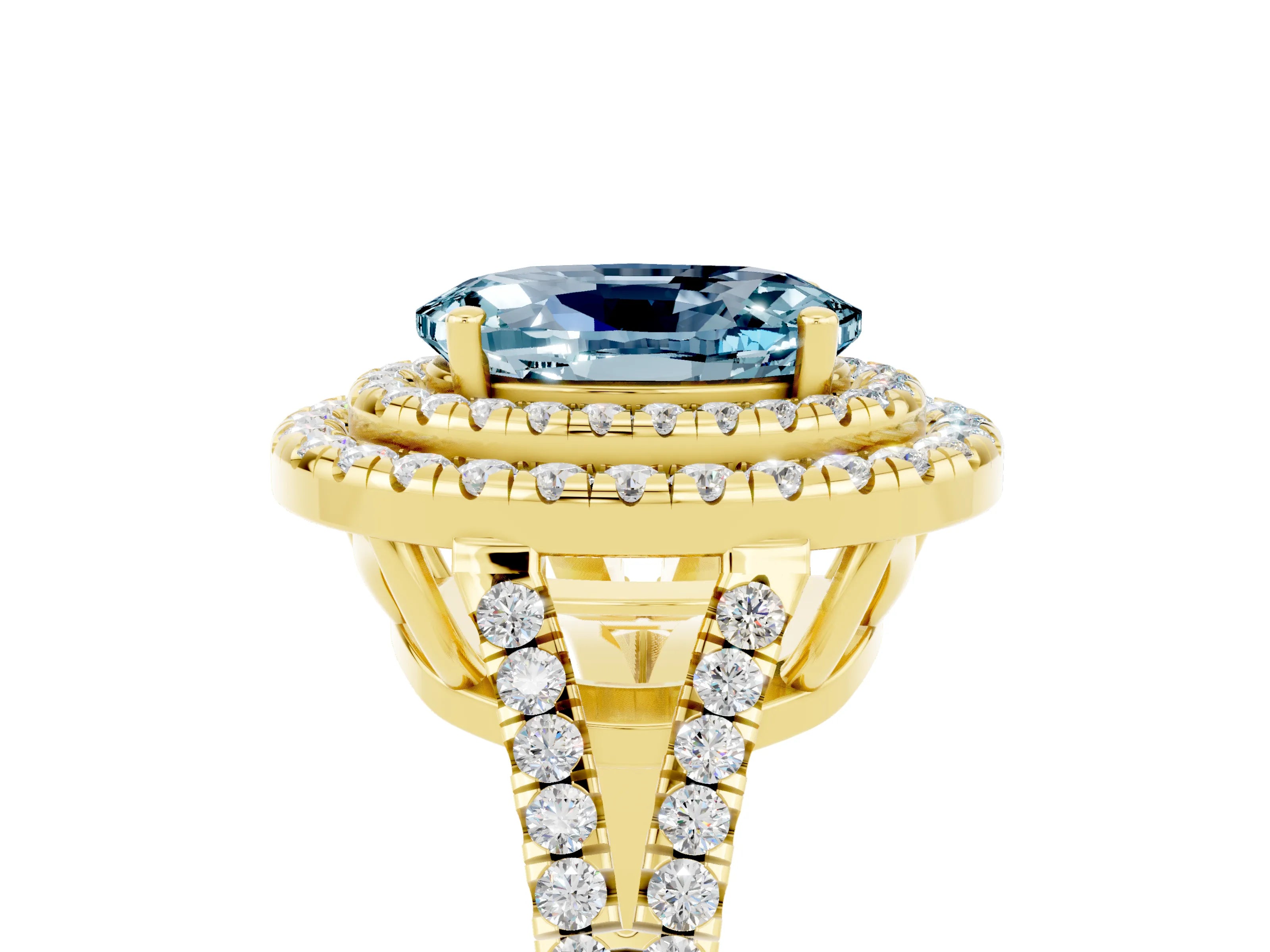 Yellow gold Oval Cut Aquamarine Double Halo Ring with Pavé Band and Prong Setting_17
