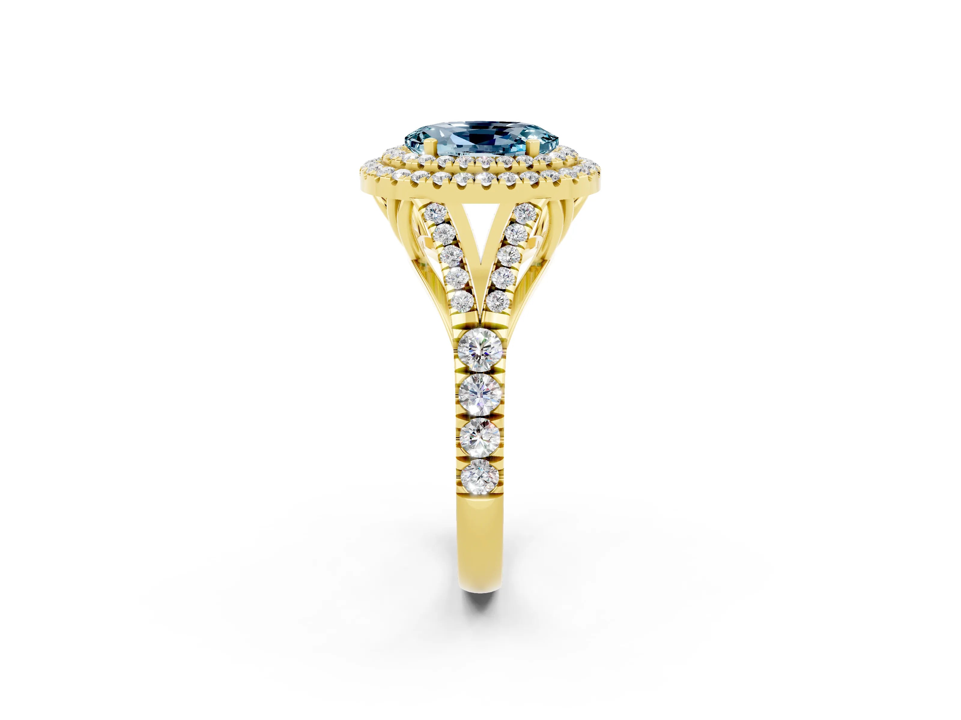 Yellow gold Oval Cut Aquamarine Double Halo Ring with Split Shank and Prong Setting_14