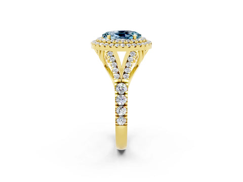 Yellow gold Oval Cut Aquamarine Double Halo Ring with Split Shank and Prong Setting_14