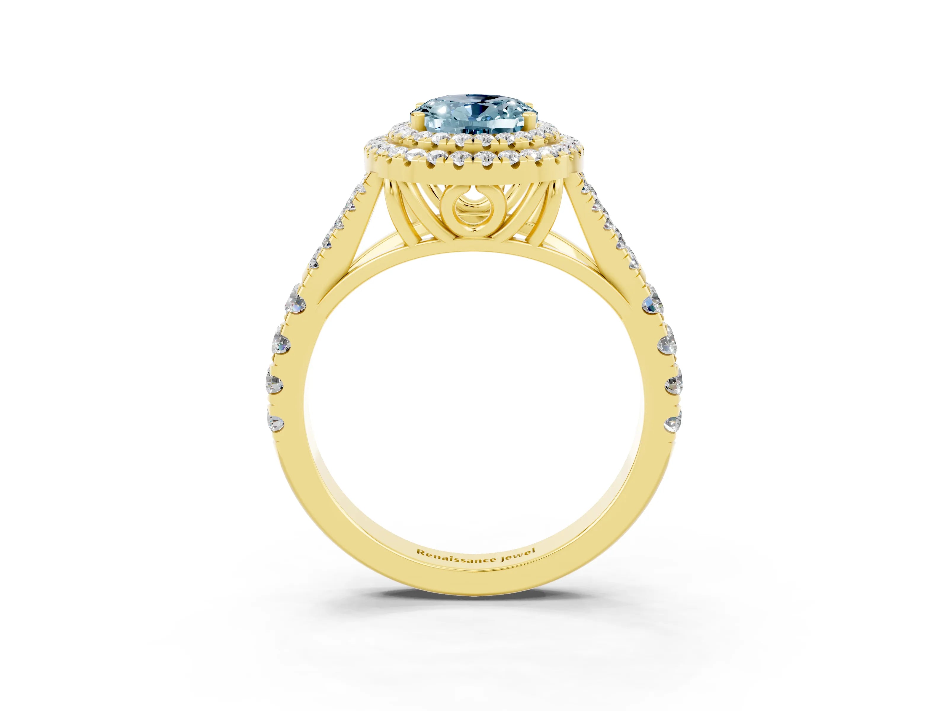 Yellow gold Oval Cut Aquamarine Double Halo Ring with Split Shank and Prong Setting_15