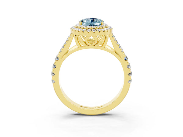Yellow gold Oval Cut Aquamarine Double Halo Ring with Split Shank and Prong Setting
