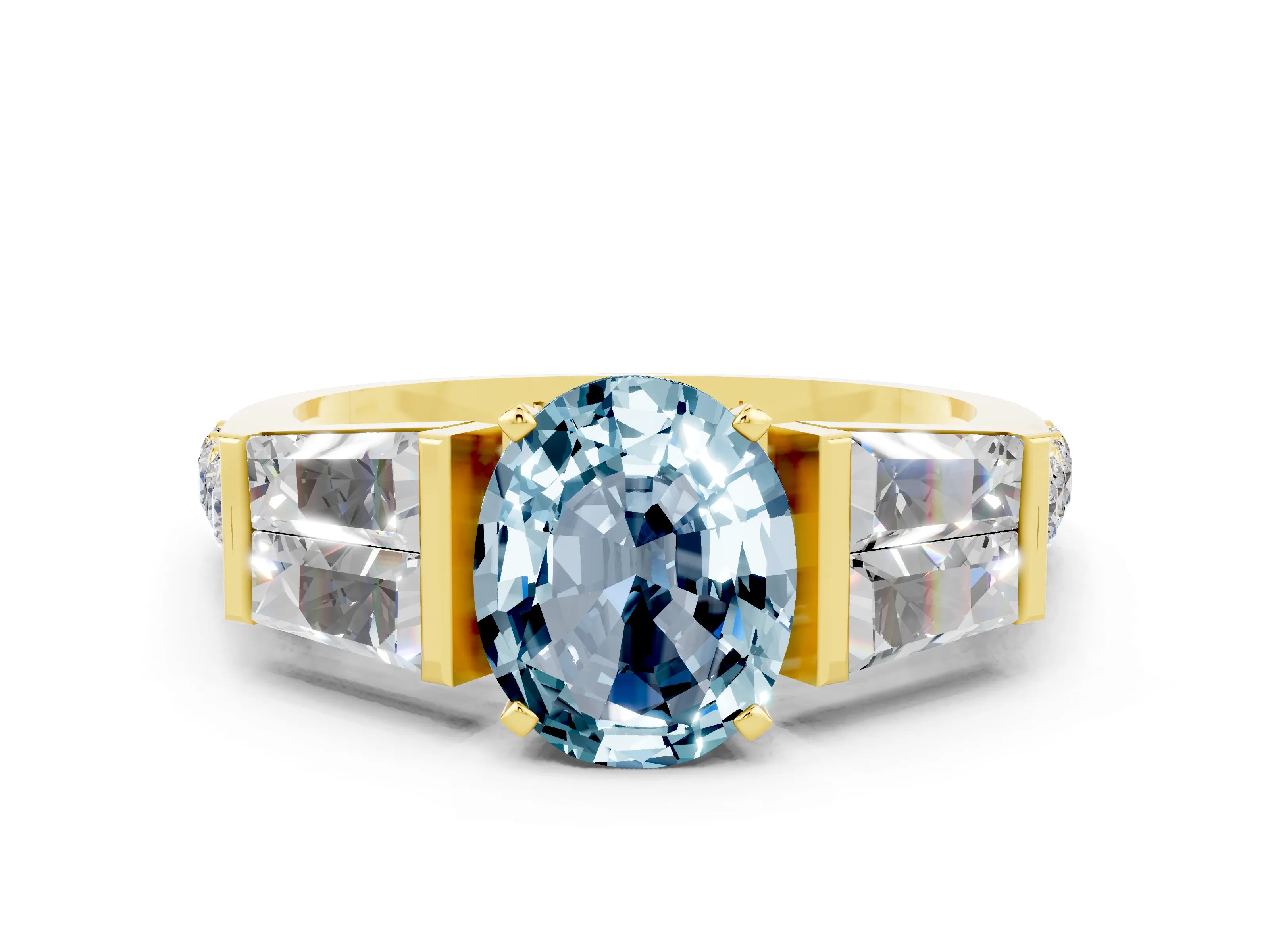 Yellow gold Oval Cut Aquamarine Engagement Ring with Baguette Side Stones and Channel Set Band