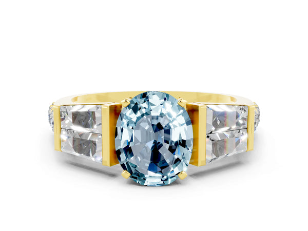 Yellow gold Oval Cut Aquamarine Engagement Ring with Baguette Side Stones and Channel Set Band