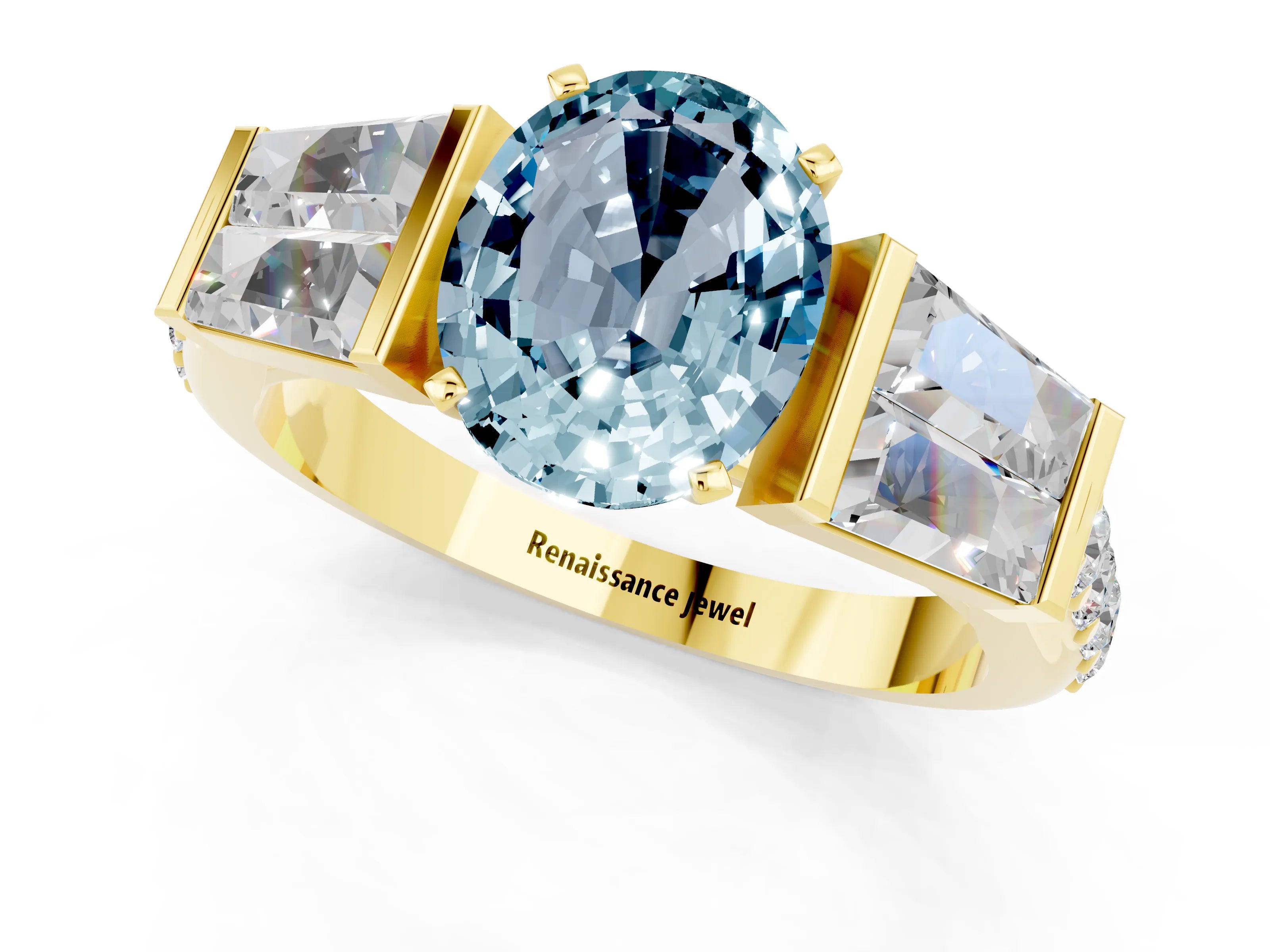 Yellow gold Oval Cut Aquamarine Engagement Ring with Baguette Side Stones and Channel Set Band_1