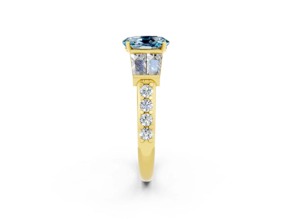 Yellow gold Oval Cut Aquamarine Engagement Ring with Baguette Side Stones and Channel Set Band