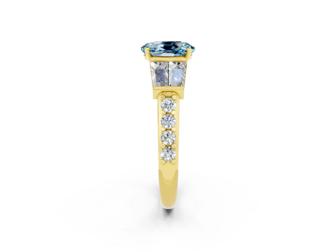Yellow gold Oval Cut Aquamarine Engagement Ring with Baguette Side Stones and Channel Set Band_2