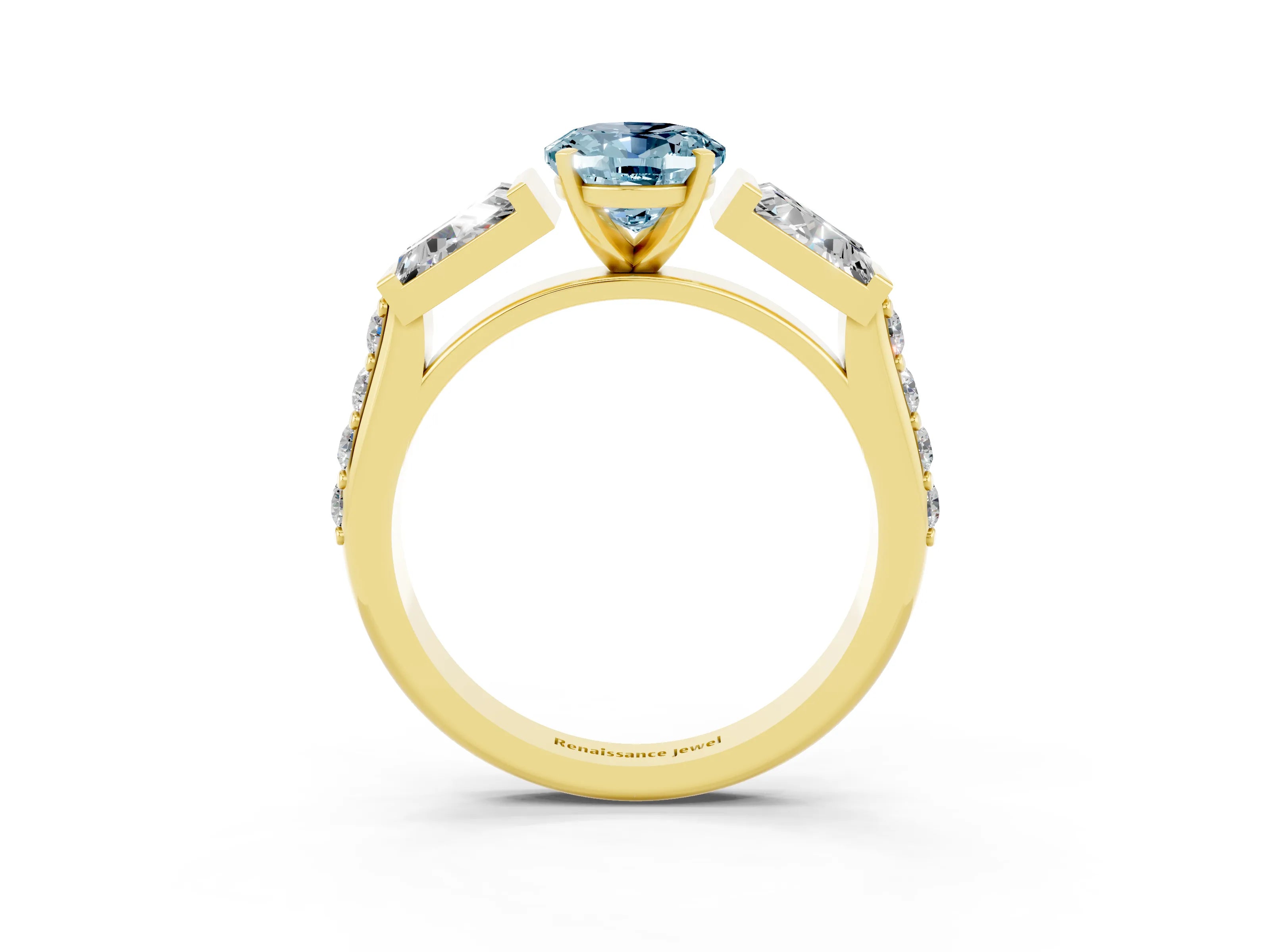 Yellow gold Oval Cut Aquamarine Engagement Ring with Baguette Side Stones and Channel Set Band_3