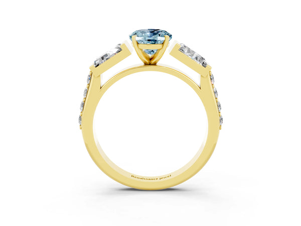 Yellow gold Oval Cut Aquamarine Engagement Ring with Baguette Side Stones and Channel Set Band