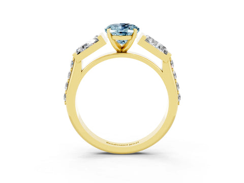 Yellow gold Oval Cut Aquamarine Engagement Ring with Baguette Side Stones and Channel Set Band_3