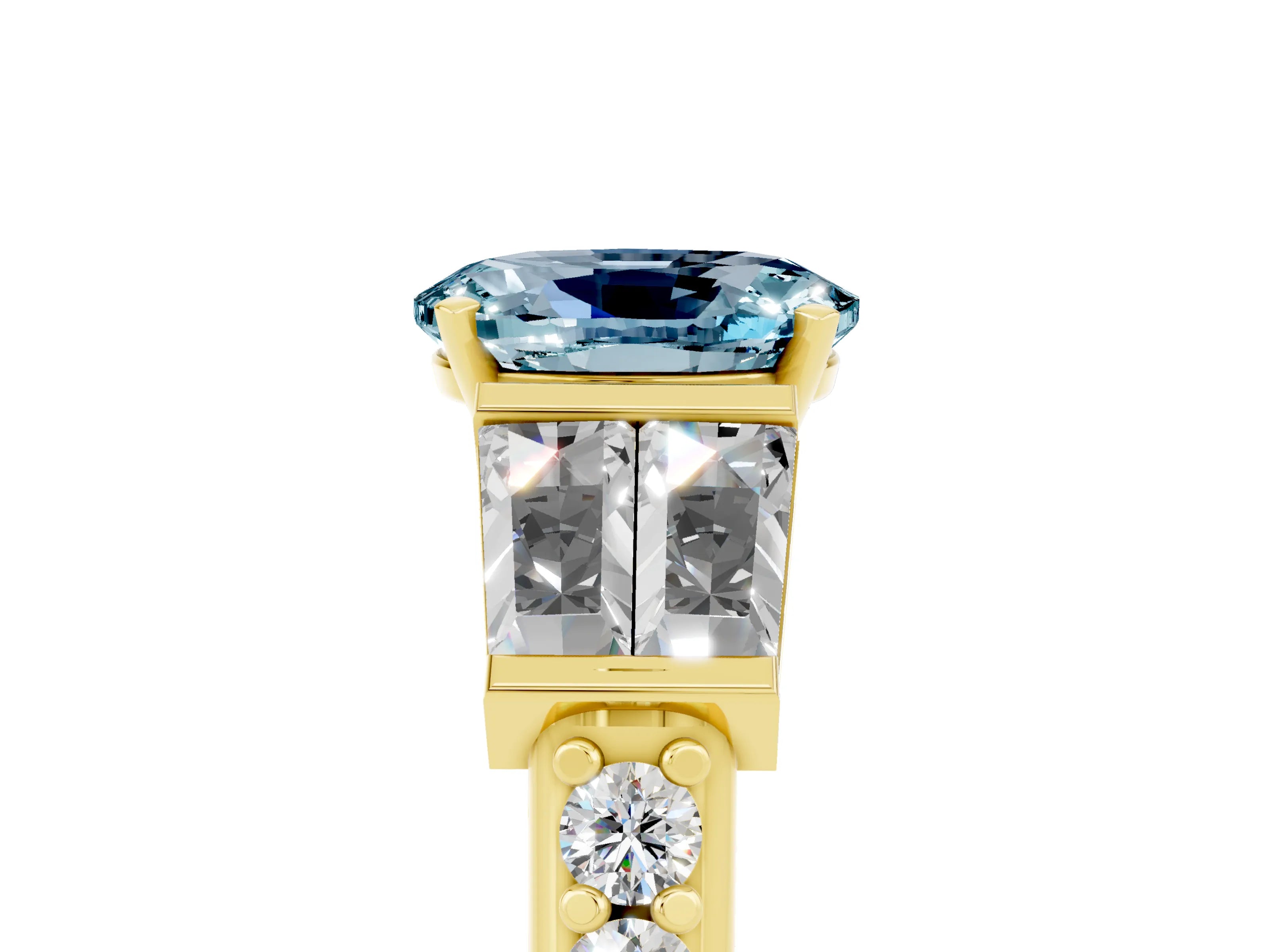Yellow gold Oval Cut Aquamarine Engagement Ring with Baguette Side Stones and Channel Set Band_5