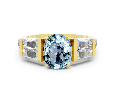 Yellow gold Oval Cut Aquamarine Engagement Ring with Baguette Side Stones and Channel Set Band