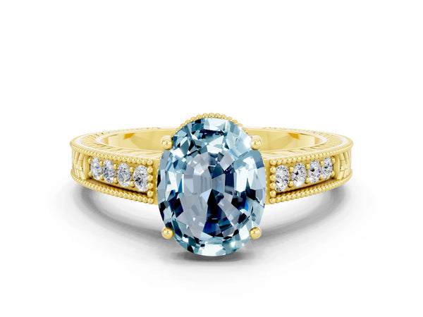 Yellow gold Oval Cut Aquamarine Engagement Ring with Milgrain Channel Set Band and Prong Setting