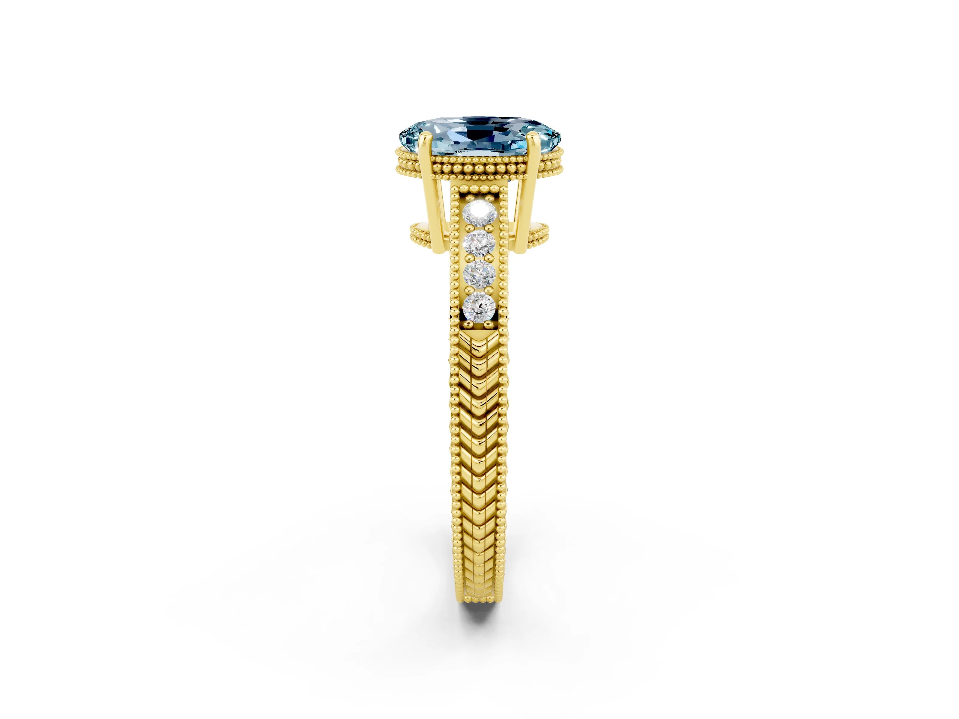 Yellow gold Oval Cut Aquamarine Engagement Ring with Milgrain Channel Set Band and Prong Setting_2
