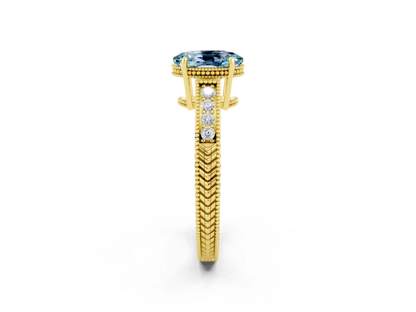 Yellow gold Oval Cut Aquamarine Engagement Ring with Milgrain Channel Set Band and Prong Setting