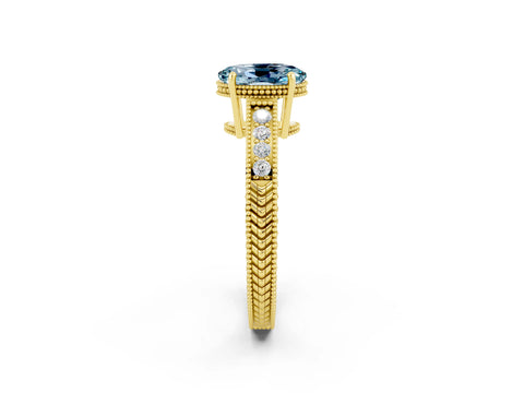 Yellow gold Oval Cut Aquamarine Engagement Ring with Milgrain Channel Set Band and Prong Setting_2