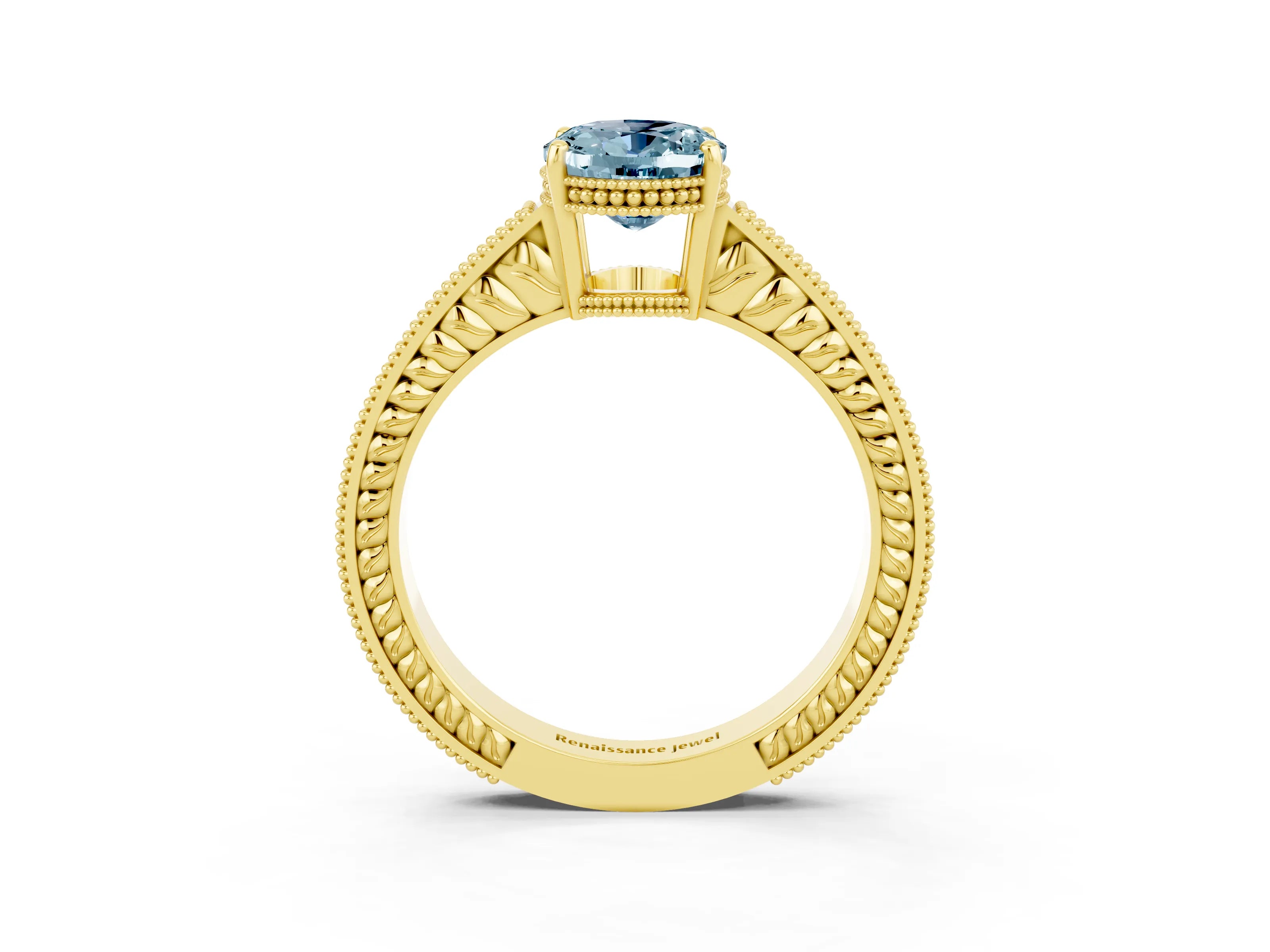 Yellow gold Oval Cut Aquamarine Engagement Ring with Milgrain Channel Set Band and Prong Setting_3