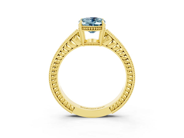 Yellow gold Oval Cut Aquamarine Engagement Ring with Milgrain Channel Set Band and Prong Setting