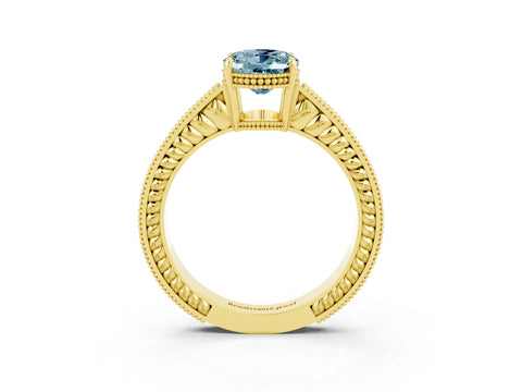 Yellow gold Oval Cut Aquamarine Engagement Ring with Milgrain Channel Set Band and Prong Setting_3