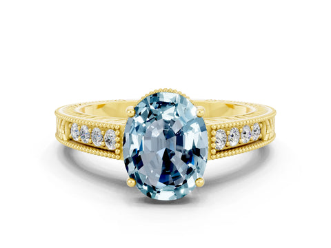 Yellow gold Oval Cut Aquamarine Engagement Ring with Milgrain Channel Set Band and Prong Setting