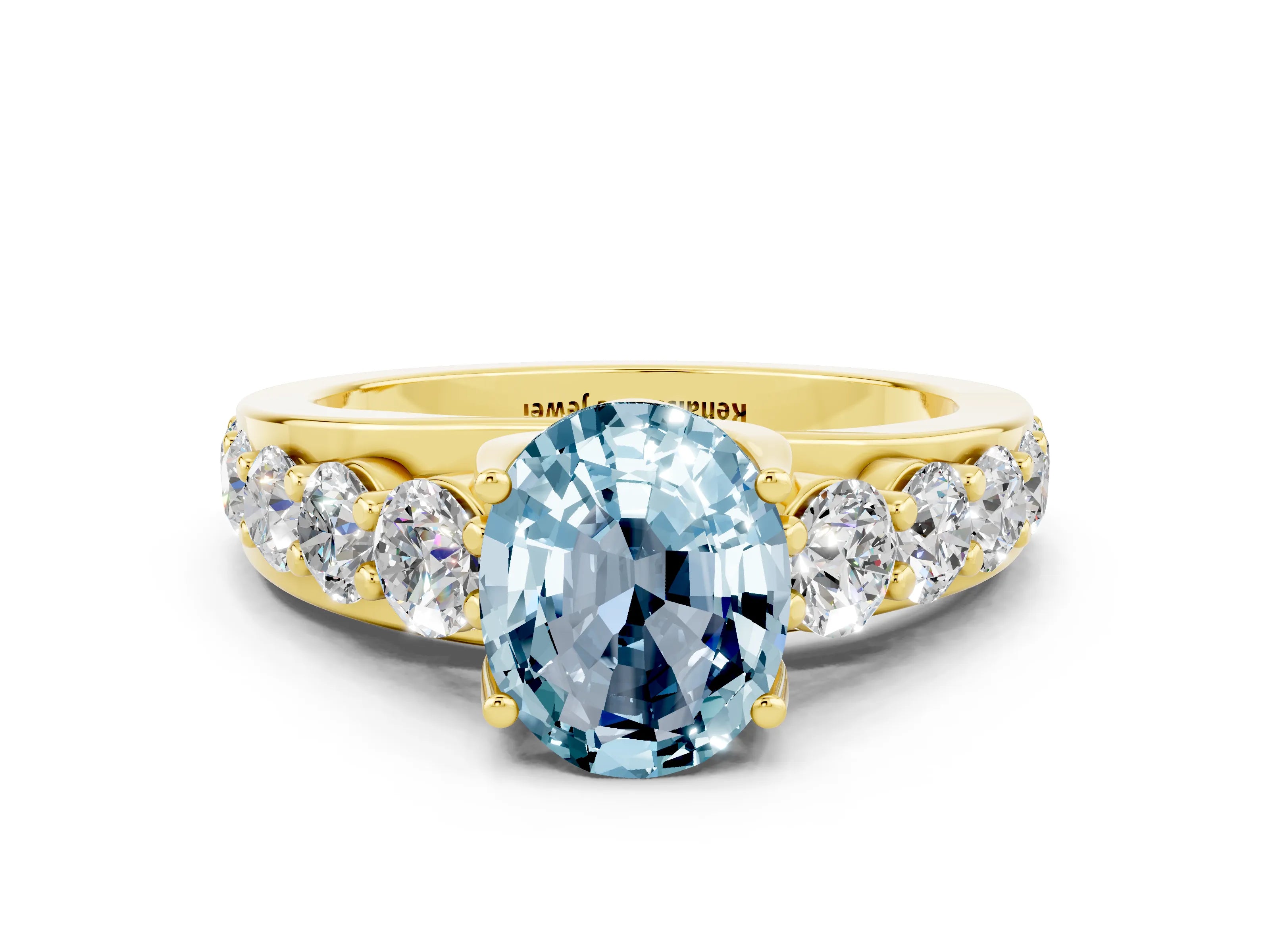 Yellow gold Oval Cut Aquamarine Engagement Ring with Pavé Band and Four-Prong Setting