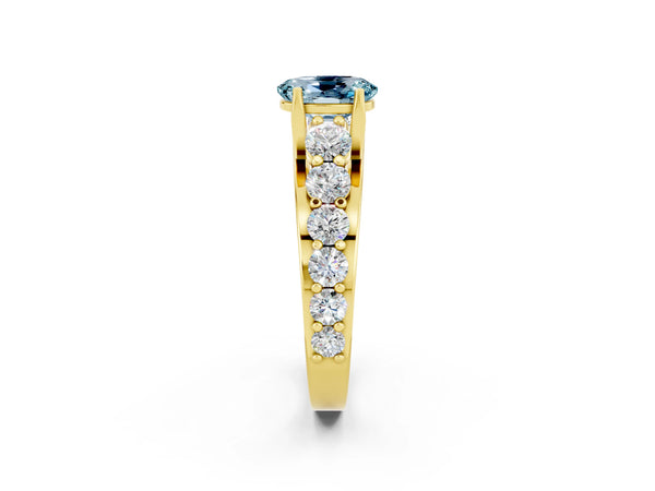 Yellow gold Oval Cut Aquamarine Engagement Ring with Pavé Band and Four-Prong Setting