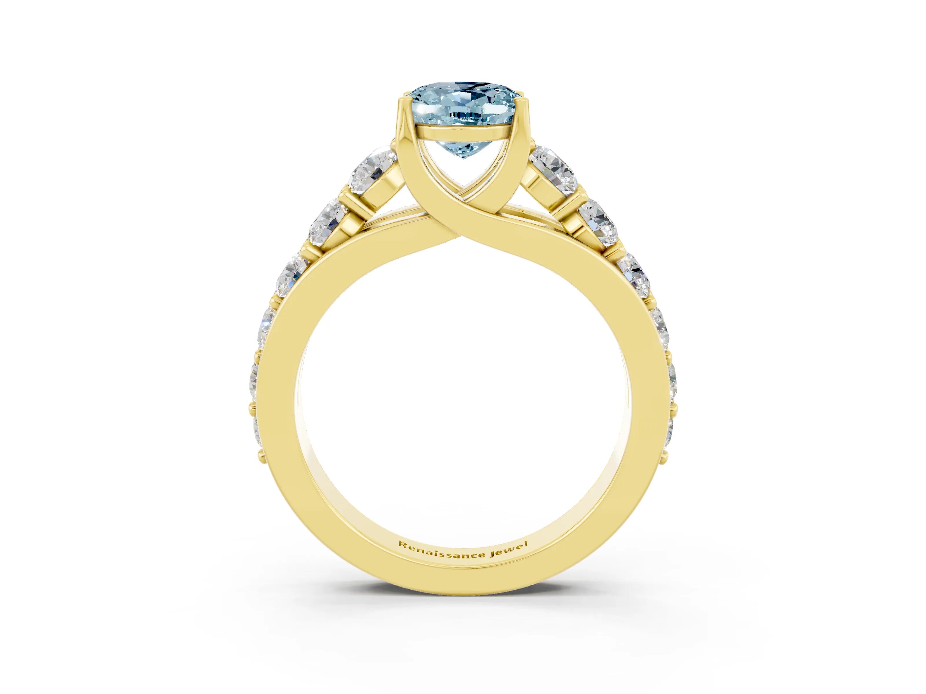 Yellow gold Oval Cut Aquamarine Engagement Ring with Pavé Band and Four-Prong Setting_3