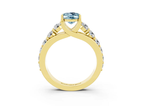 Yellow gold Oval Cut Aquamarine Engagement Ring with Pavé Band and Four-Prong Setting