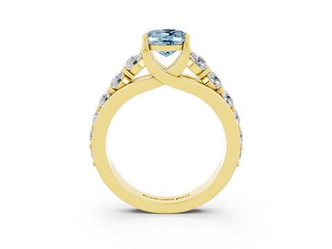 Yellow gold Oval Cut Aquamarine Engagement Ring with Pavé Band and Four-Prong Setting_3