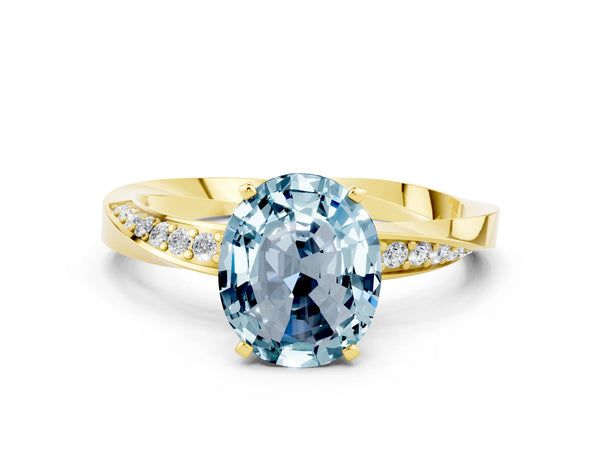 Yellow gold Oval Cut Aquamarine Engagement Ring with Side Stone Accents and Four-Prong Setting