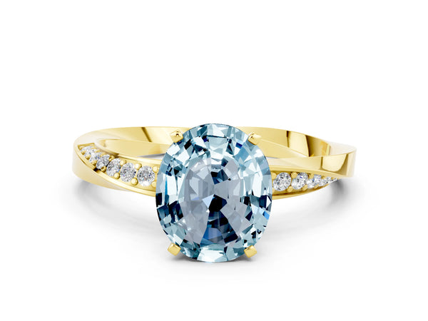 Yellow gold Oval Cut Aquamarine Engagement Ring with Side Stone Accents and Four-Prong Setting