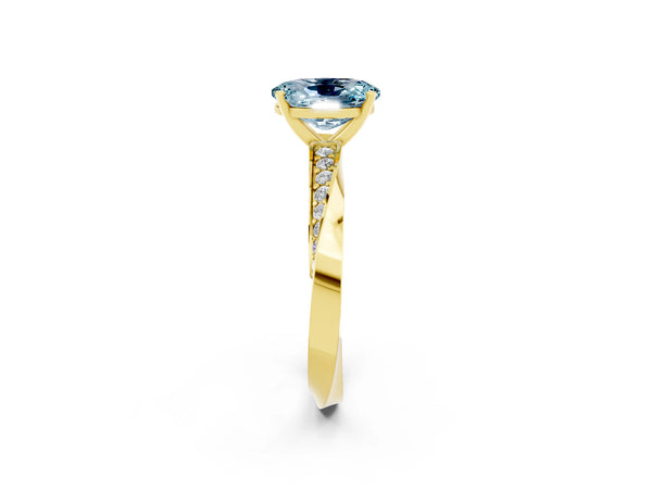 Yellow gold Oval Cut Aquamarine Engagement Ring with Side Stone Accents and Four-Prong Setting