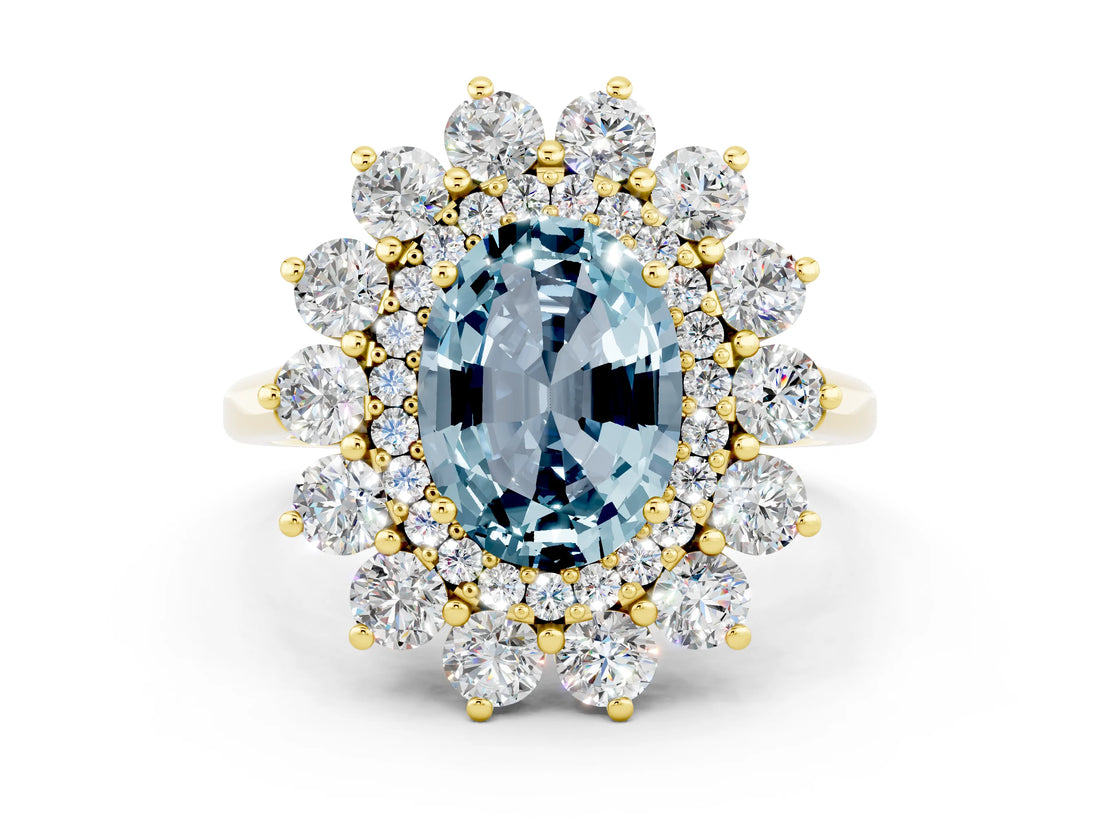 Yellow gold Oval Cut Aquamarine Floral Double Halo Engagement Ring with Prong Setting_49