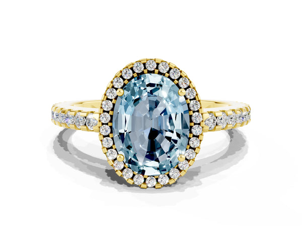 Yellow gold Oval Cut Aquamarine Halo Engagement Ring with Pavé Band and Prong Setting
