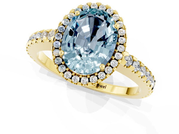 Yellow gold Oval Cut Aquamarine Halo Engagement Ring with Pavé Band and Prong Setting