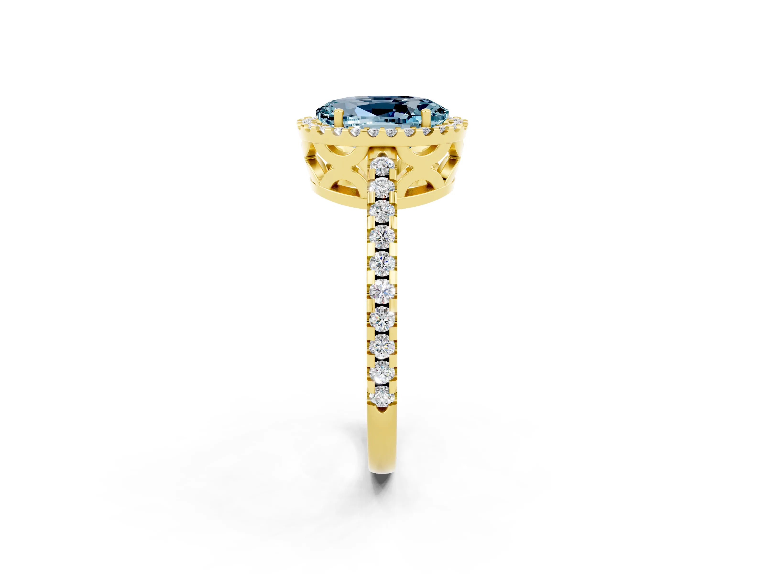 Yellow gold Oval Cut Aquamarine Halo Engagement Ring with Pavé Band and Prong Setting_14