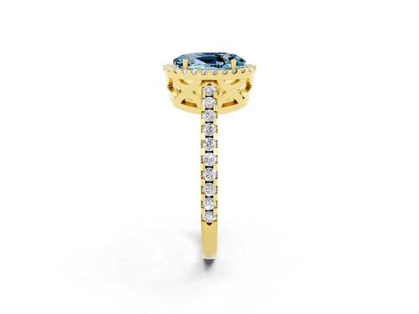Yellow gold Oval Cut Aquamarine Halo Engagement Ring with Pavé Band and Prong Setting