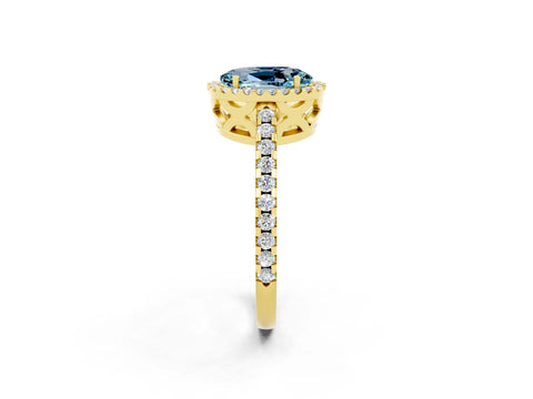 Yellow gold Oval Cut Aquamarine Halo Engagement Ring with Pavé Band and Prong Setting_14