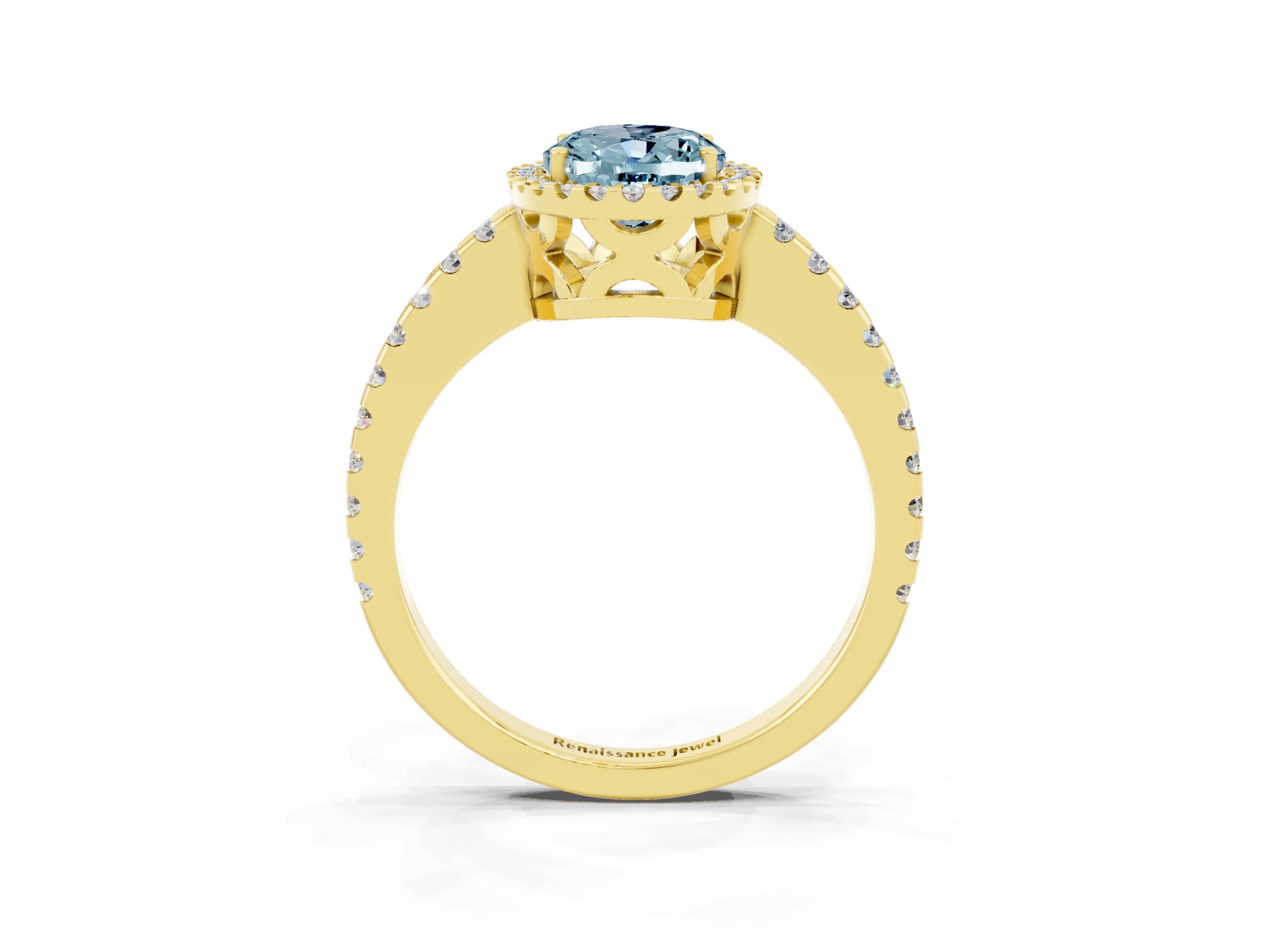 Yellow gold Oval Cut Aquamarine Halo Engagement Ring with Pavé Band and Prong Setting_15