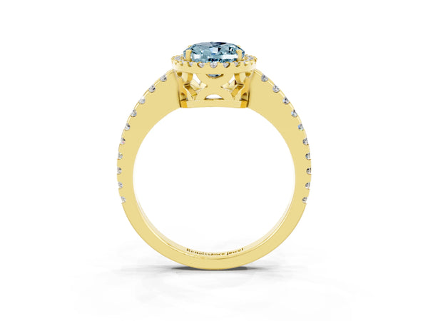 Yellow gold Oval Cut Aquamarine Halo Engagement Ring with Pavé Band and Prong Setting