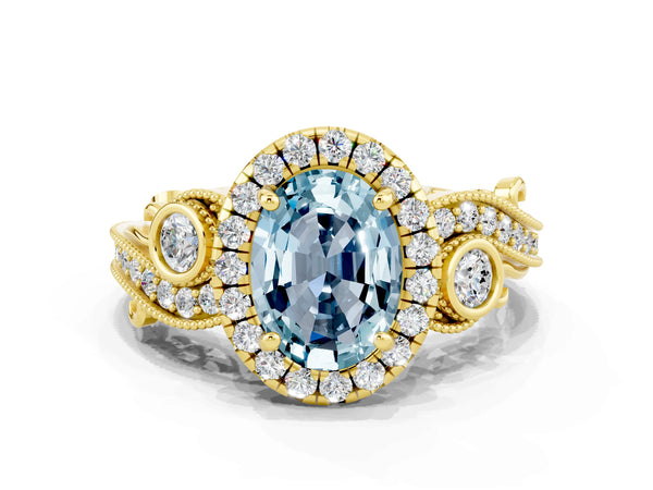 Yellow gold Oval Cut Aquamarine Halo Ring with Milgrain Pavé Band and Four-Prong Setting